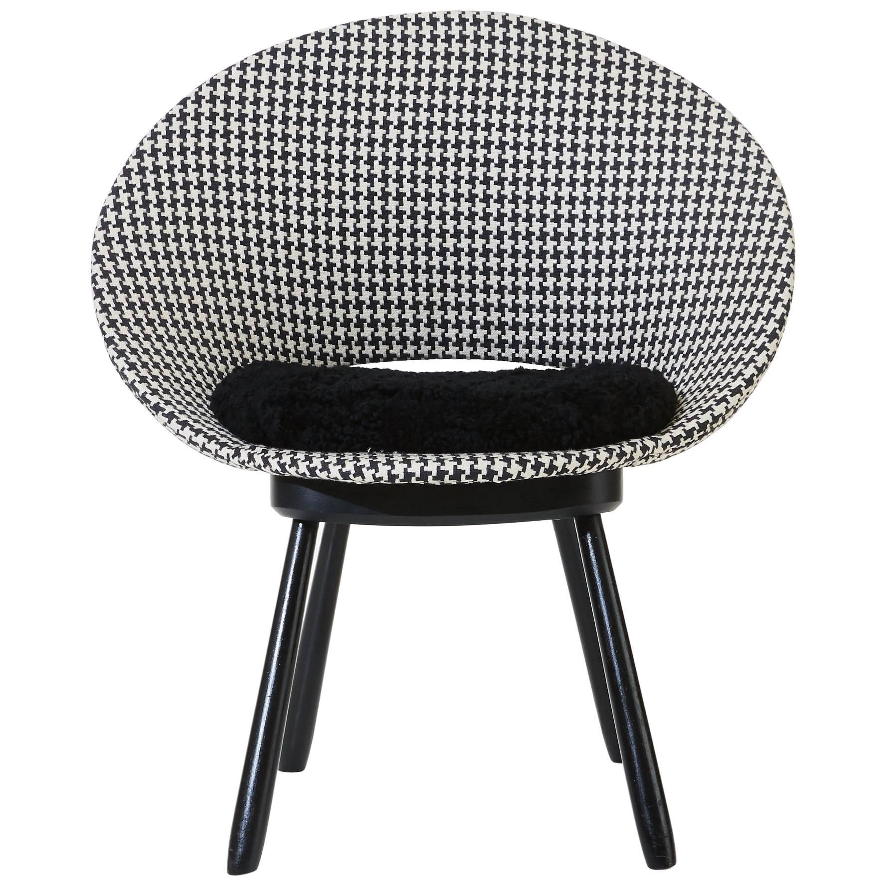 Swedish Chair, 1950s, Houndstooth Pattern with Sheepskin Seat  For Sale