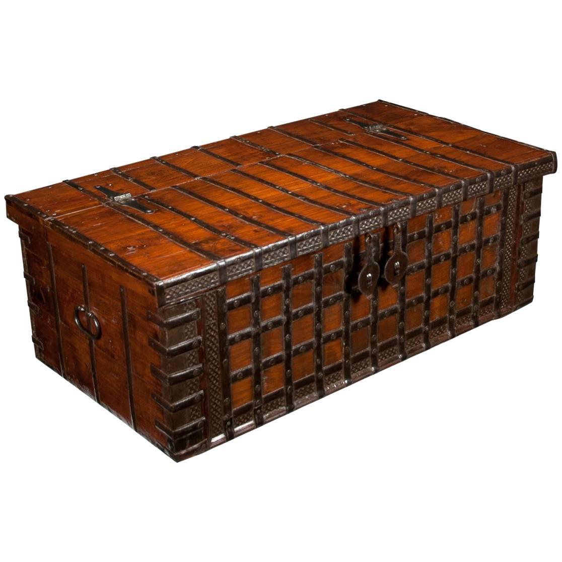Early 19th Century Elm Anglo-Indian Iron Strapped Chest Trunk