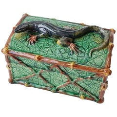 Antique Majolica Palissy Lizard Box Saint Honore Les Bains, circa 1880