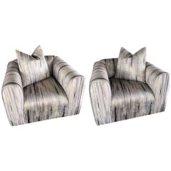 Pair of Vintage Modern Club Chairs in Abstract Watercolor Velvet