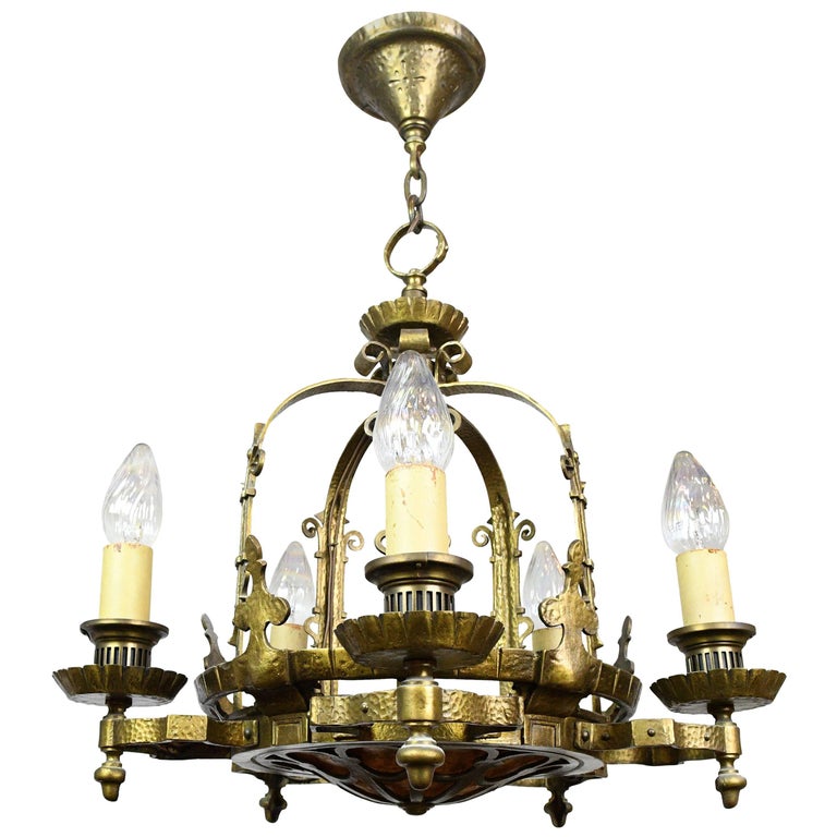 Gothic Revival Five Candle Chandelier with Mica Bowl For Sale at 1stDibs