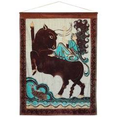 Vintage Javanese Style African Batik Painting of Europa and the Bull 