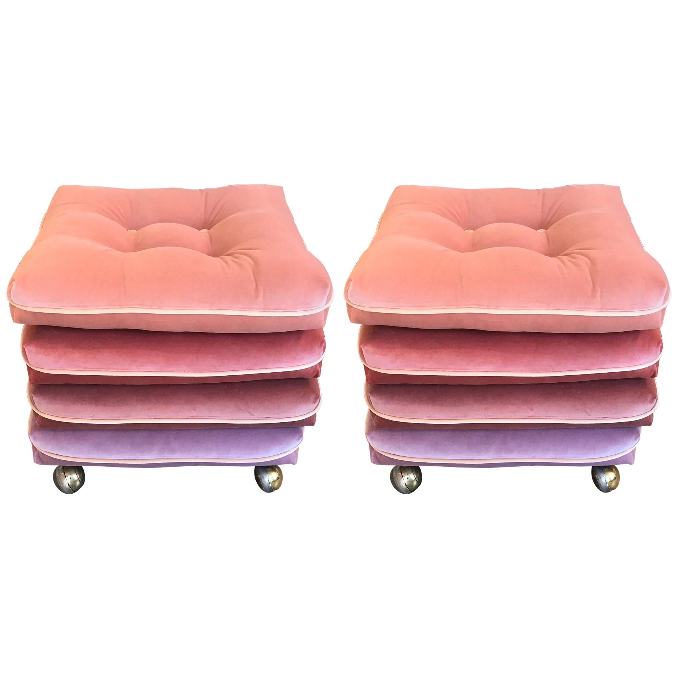 Pair of Custom Pink Velvet Gradient Cushion Stools with Rolling Brass Feet
