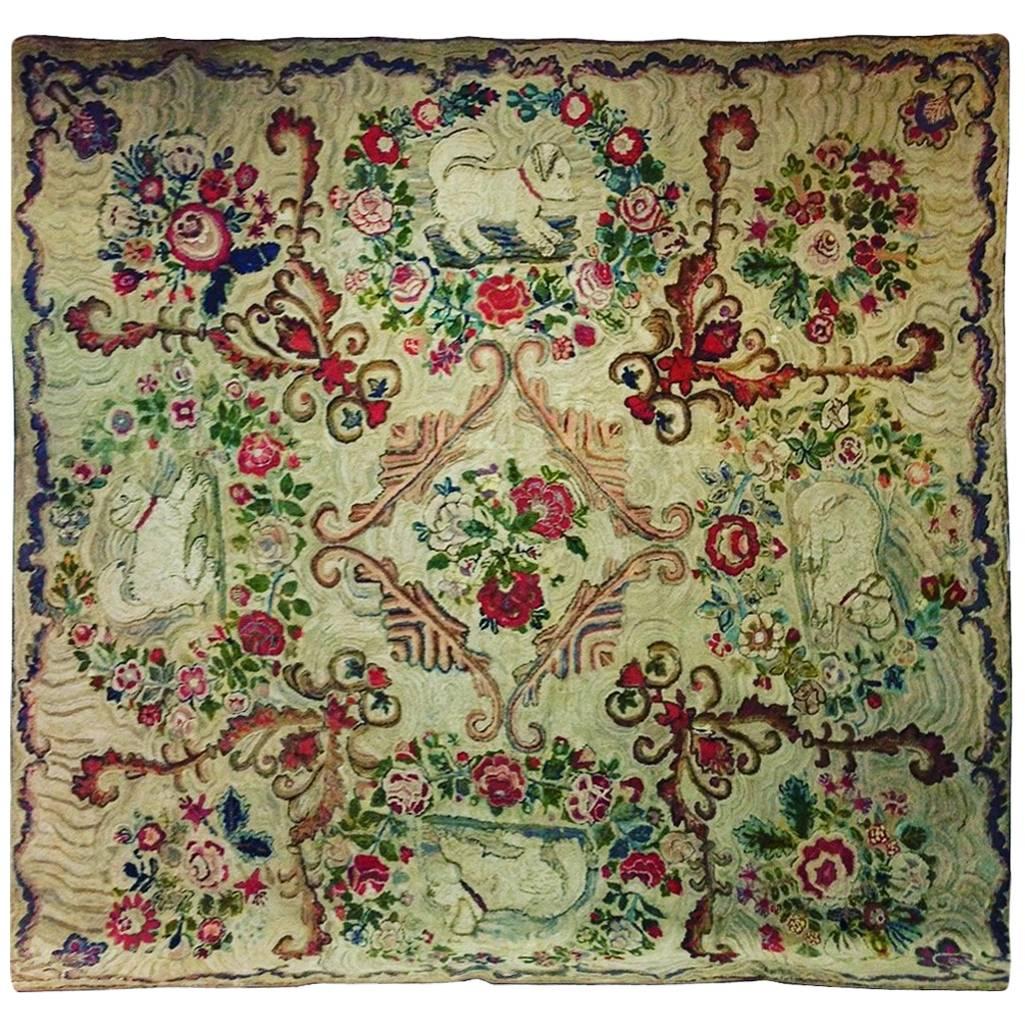  Hooked Rug Room Size with King Charles Spaniels Playing Circa 1860 For Sale