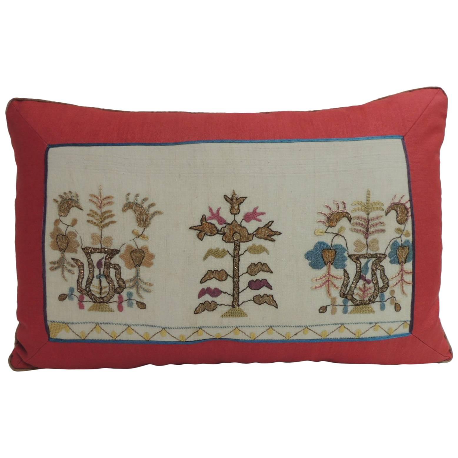 19th Century Turkish Embroidered Linen and Silk Lumbar Decorative Pillow