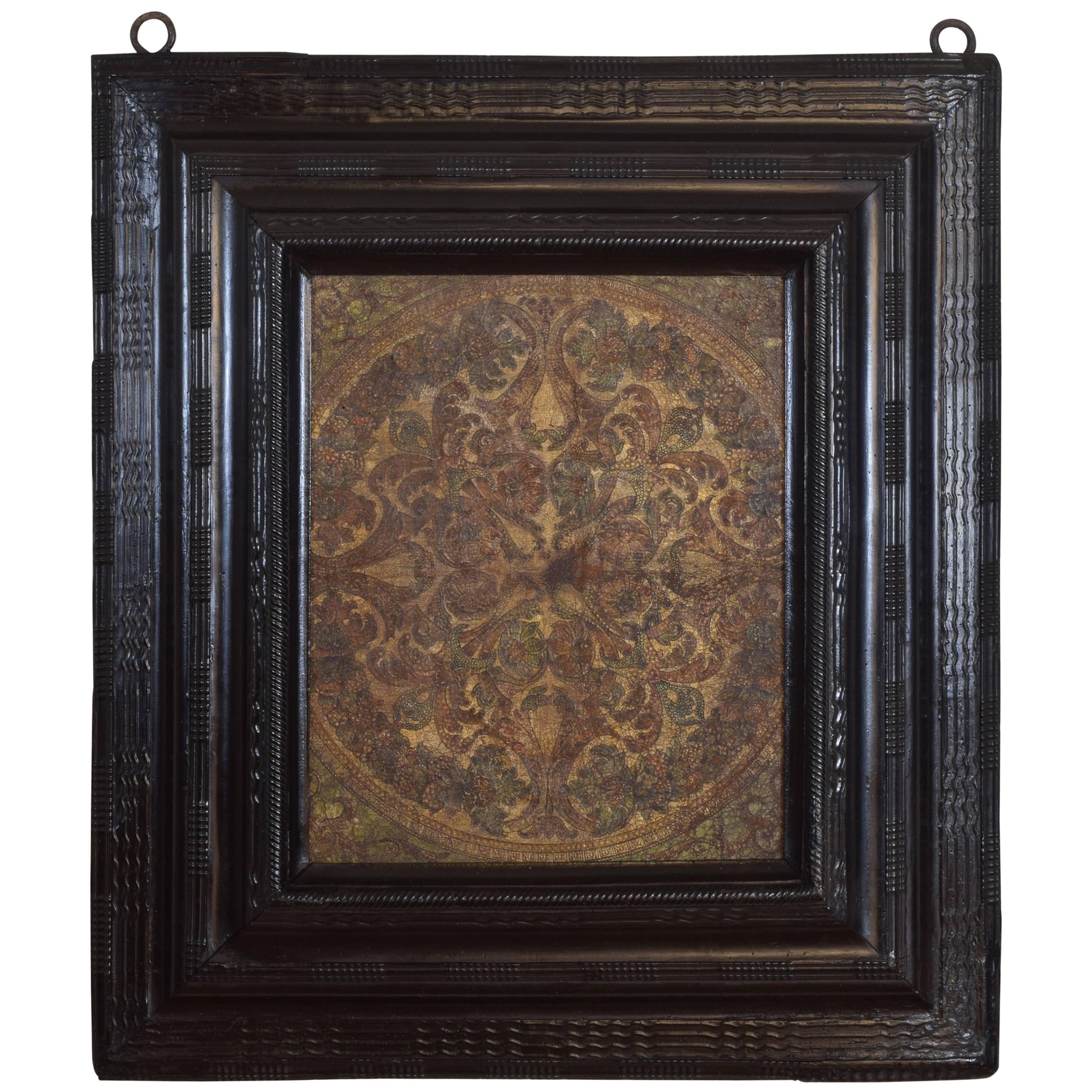 Tooled Leather Panel in Italian, Lombardia, Baroque Guilloche Ebonized Frame