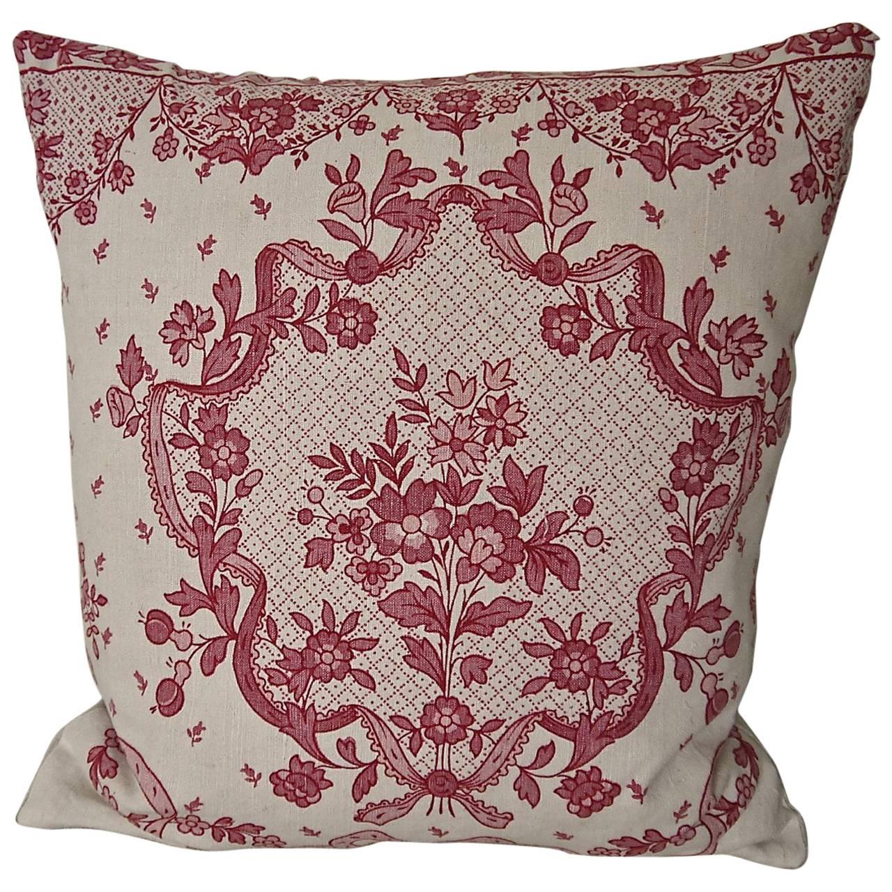  Pretty Red and Pink Floral Linen Pillow Antique French c.1920