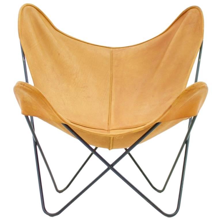 Butterfly Lounge Chair with Cognac Brown Leather by Jorge Hardoy for Knoll For Sale