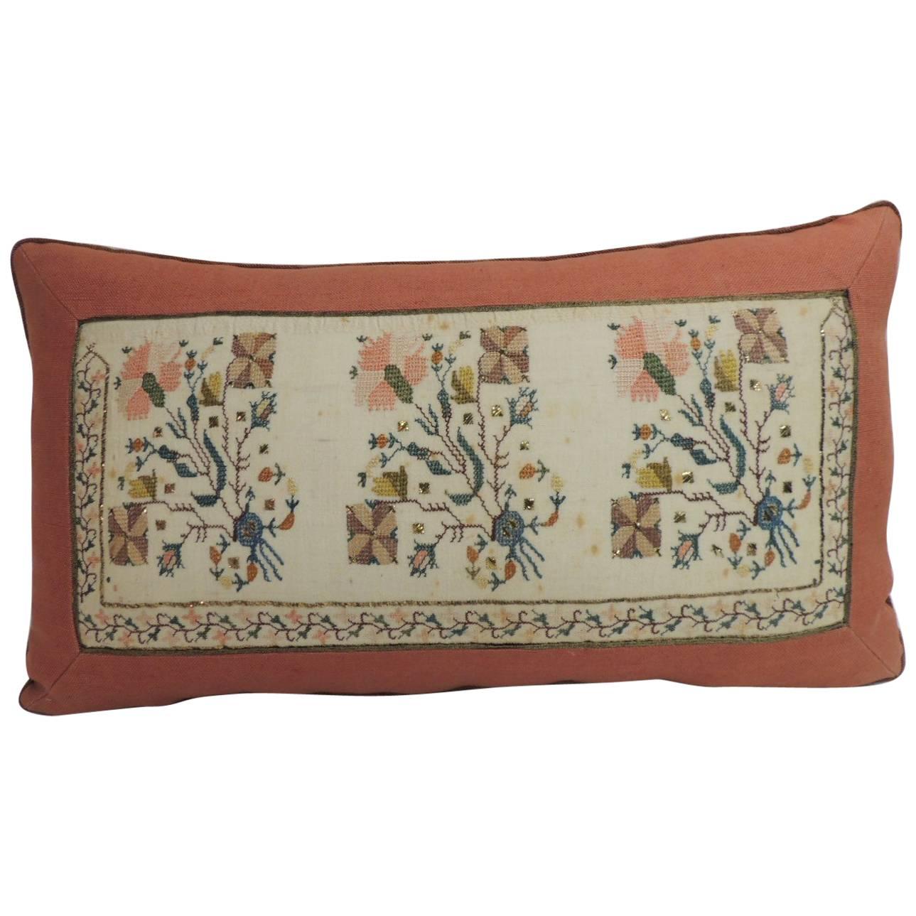 19th Century Turkish Embroidered Linen and Silk Decorative Lumbar Pillow