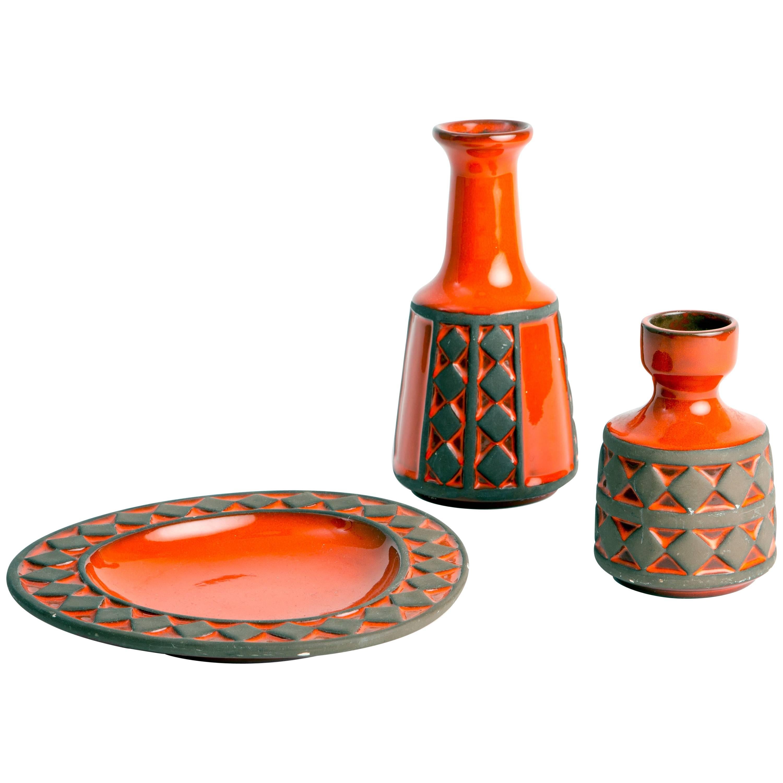Set von drei rot glasierten Frank Keramik-Keramik-Stühlen aus Dänemark