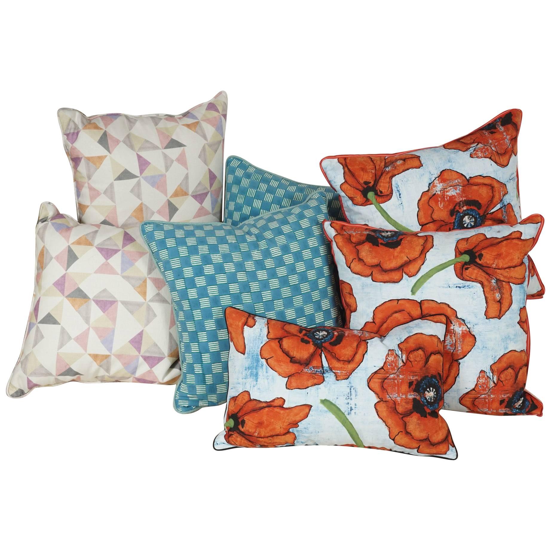 Assortment of Pillows in Hand Blocked Fabrics For Sale