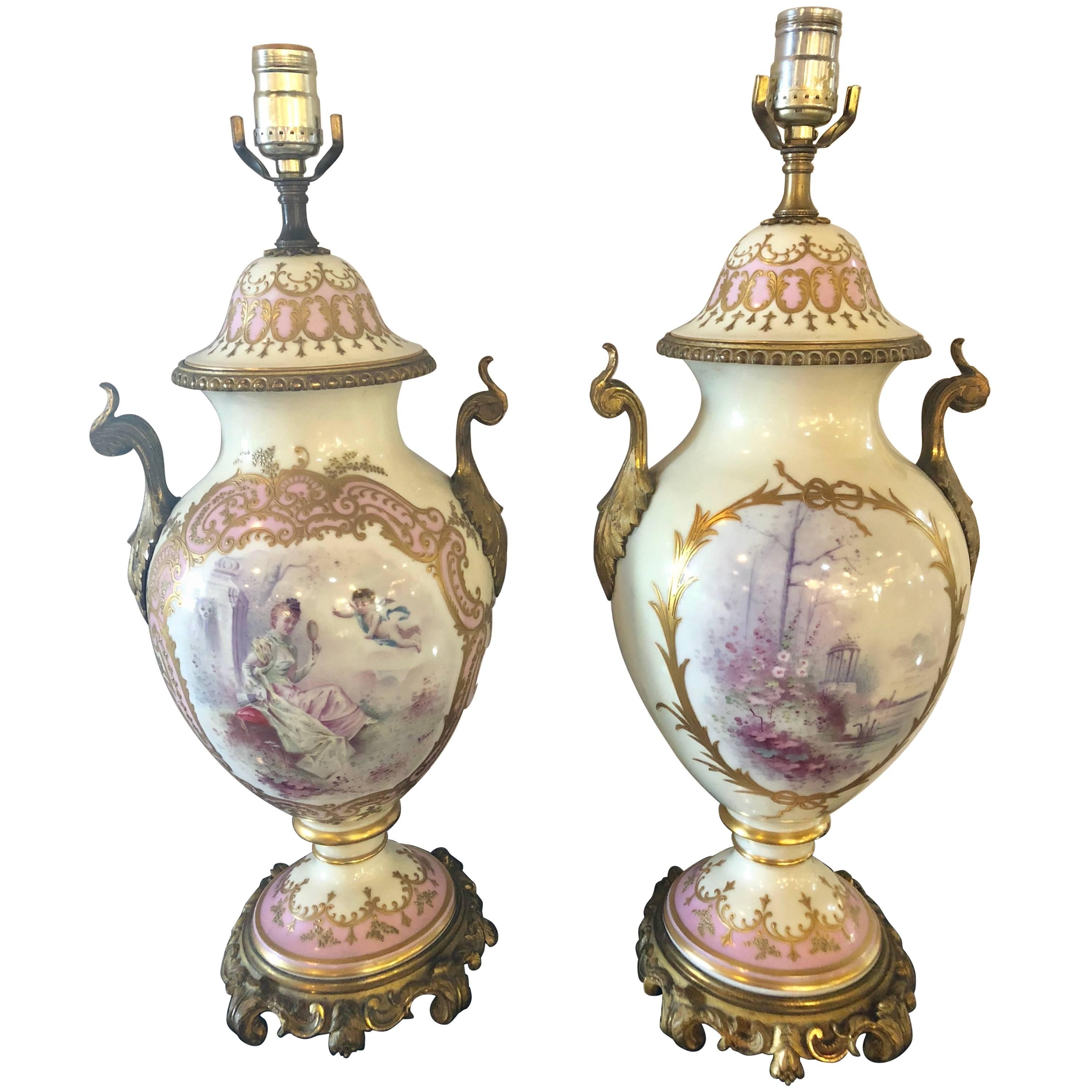 Pair of Bronze Mounted French Porcelain Serves Urns Converted into Table Lamps 