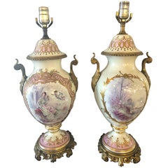 Antique Pair of Bronze Mounted French Porcelain Serves Urns Converted into Table Lamps 