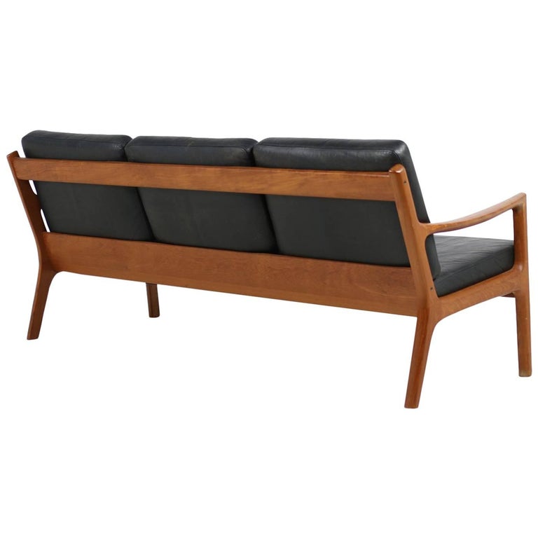 1960s Danish Modern Vintage Sofa by Ole Wanscher in Teak and Black Leather  at 1stDibs