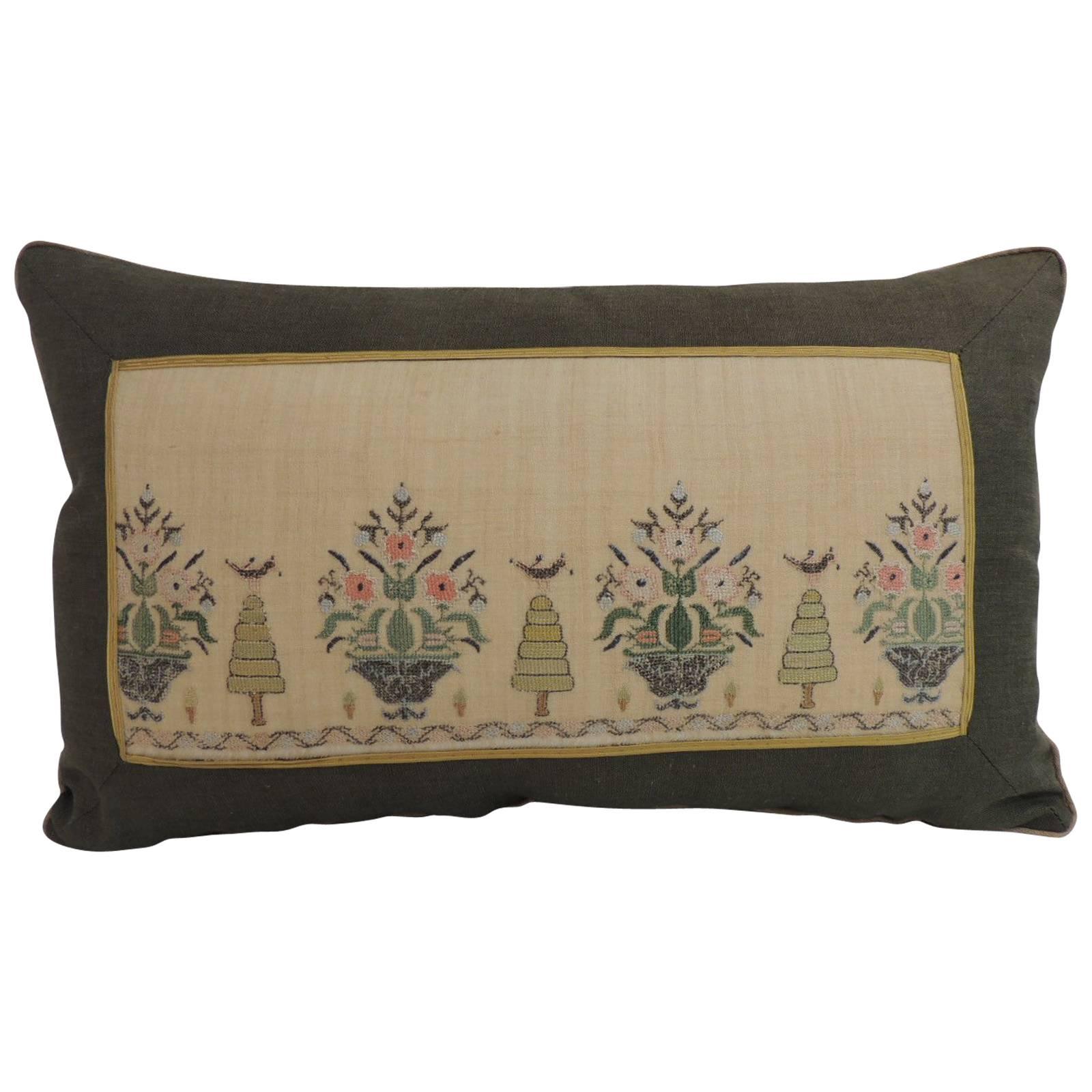 19th Century Turkish Embroidery Lumbar Decorative Pillow