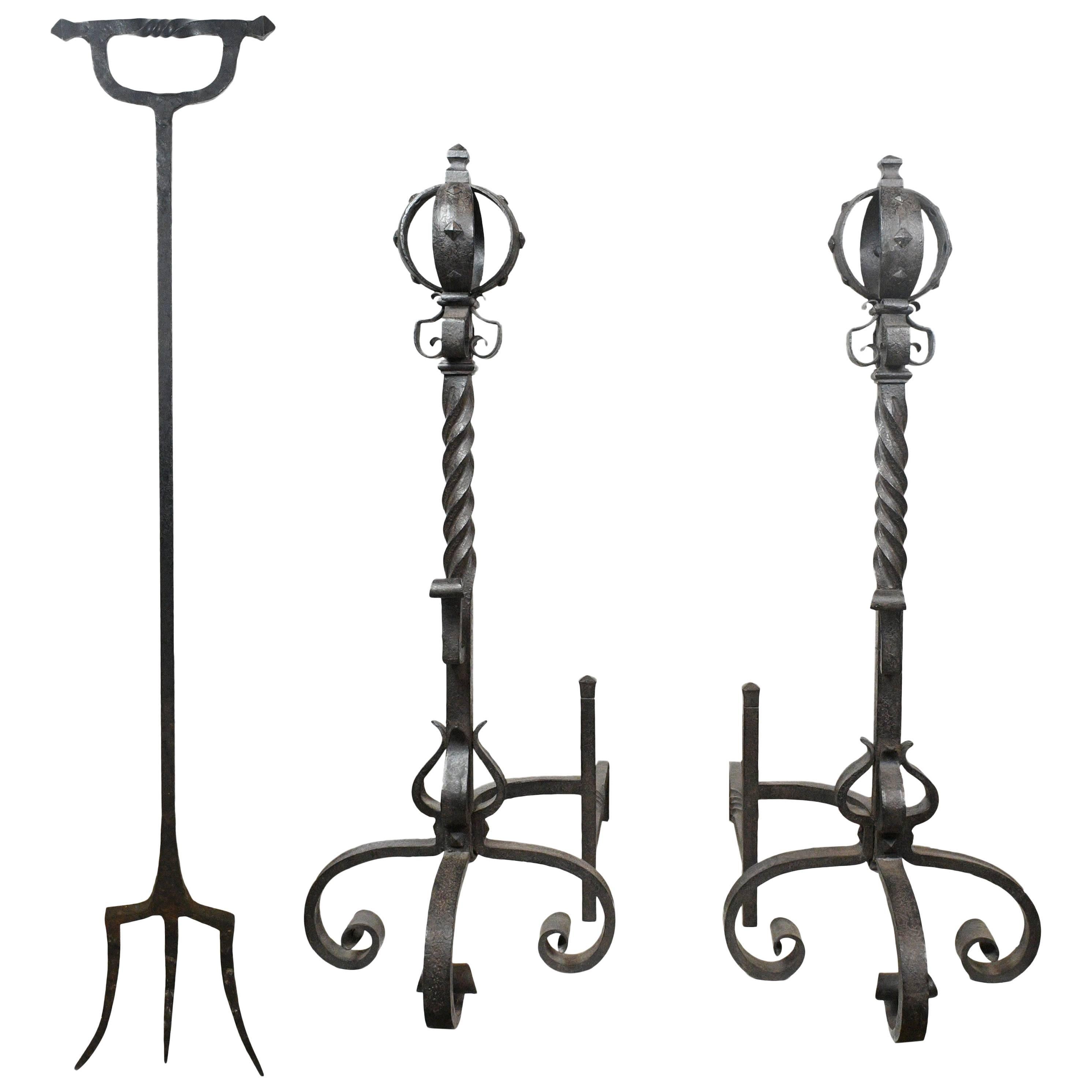 Hand-Wrought Andirons with Ash Rake