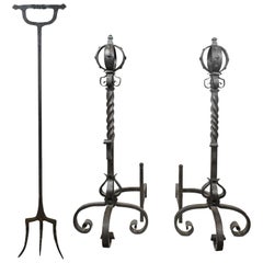 Antique Hand-Wrought Andirons with Ash Rake