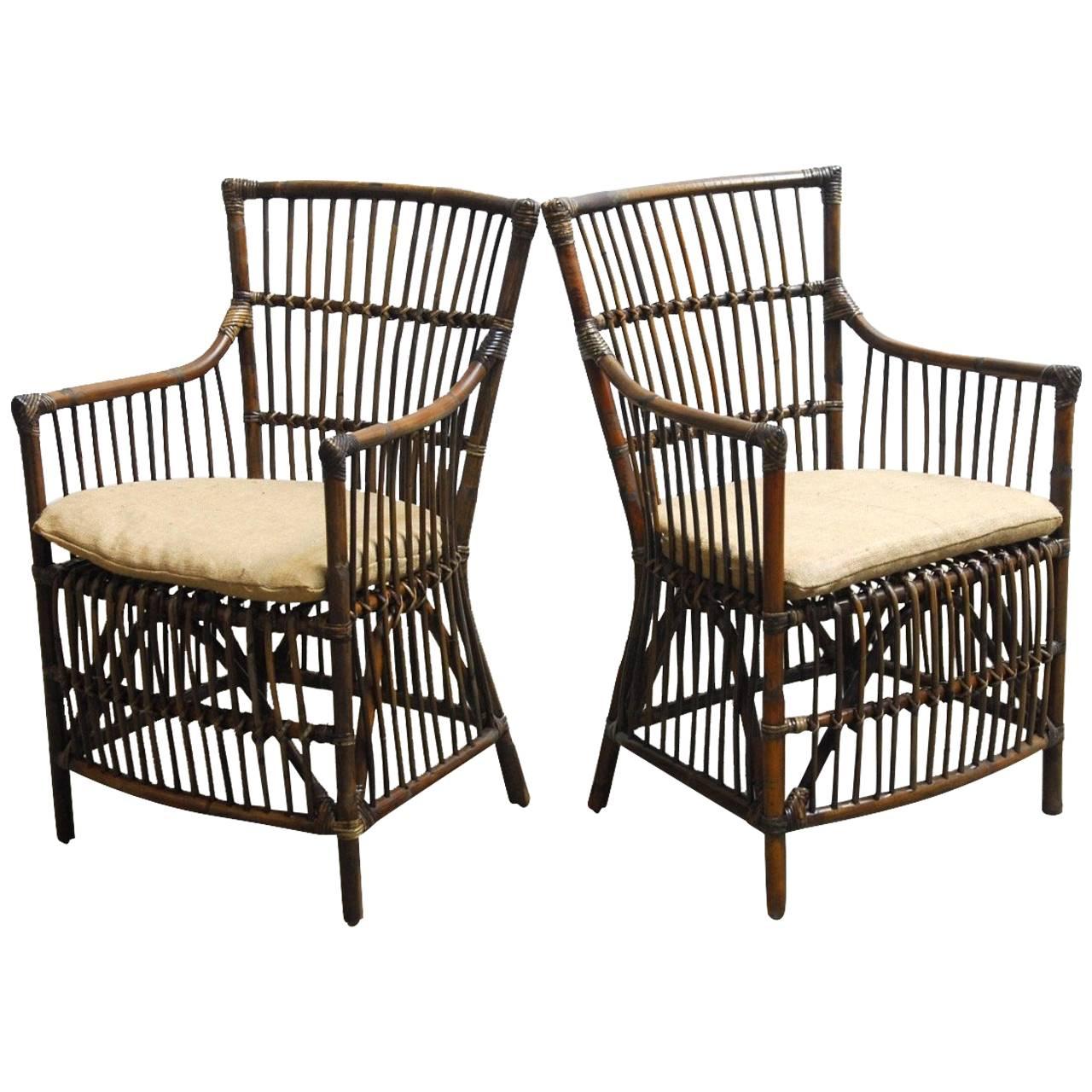 Pair of Asian Bamboo and Rattan Armchairs 