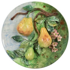 19th Century French Barbotine Wall Platter with Pears