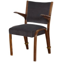 French Midcentury Oak Armchair Upholstered in Grey Velvet