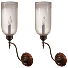 Pair of 19th Century English Hurricane Shade Wall Sconces with Greek Key Design