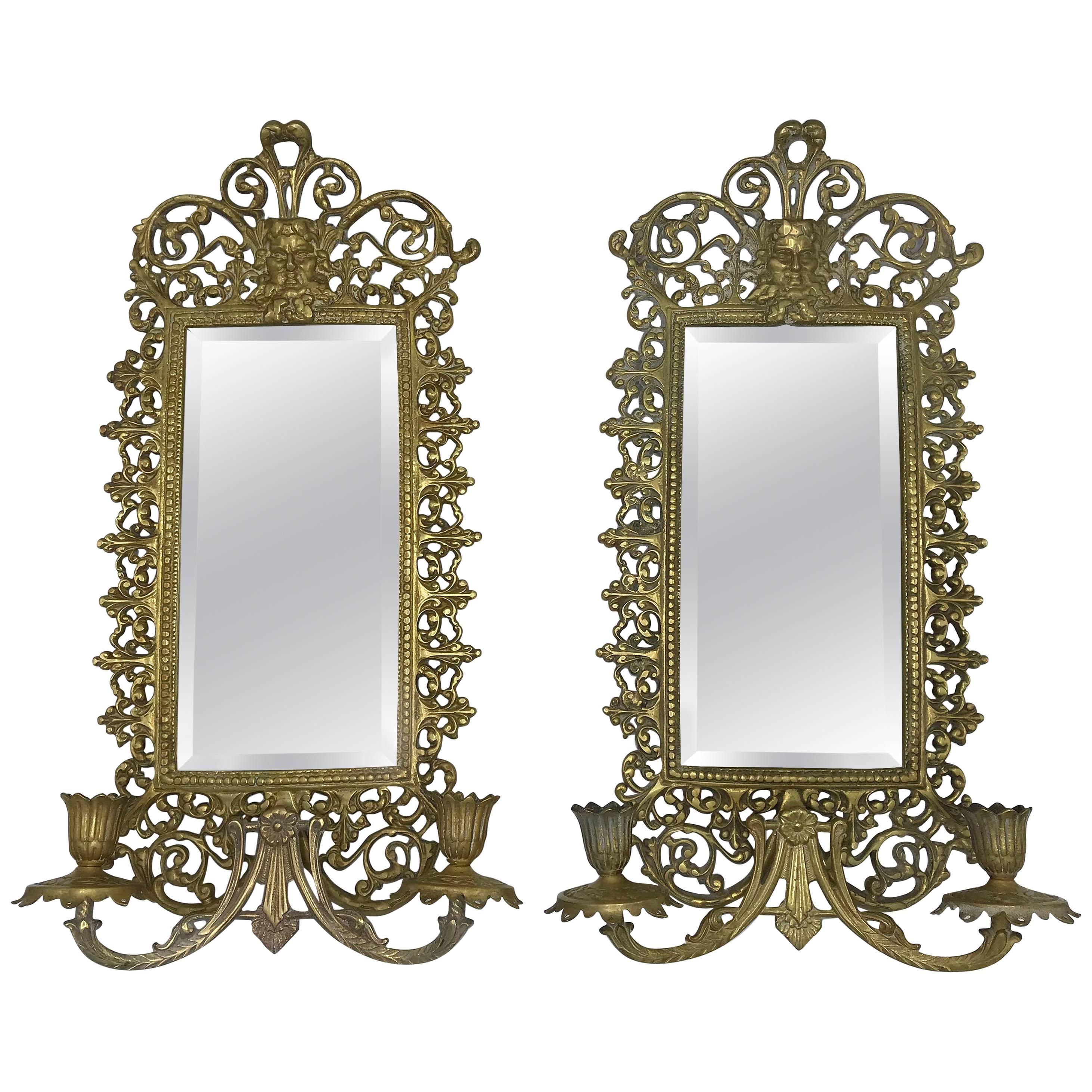 1960s Virginia Metalcrafters Rococo Style Double-Arm Mirrored Sconces, Pair