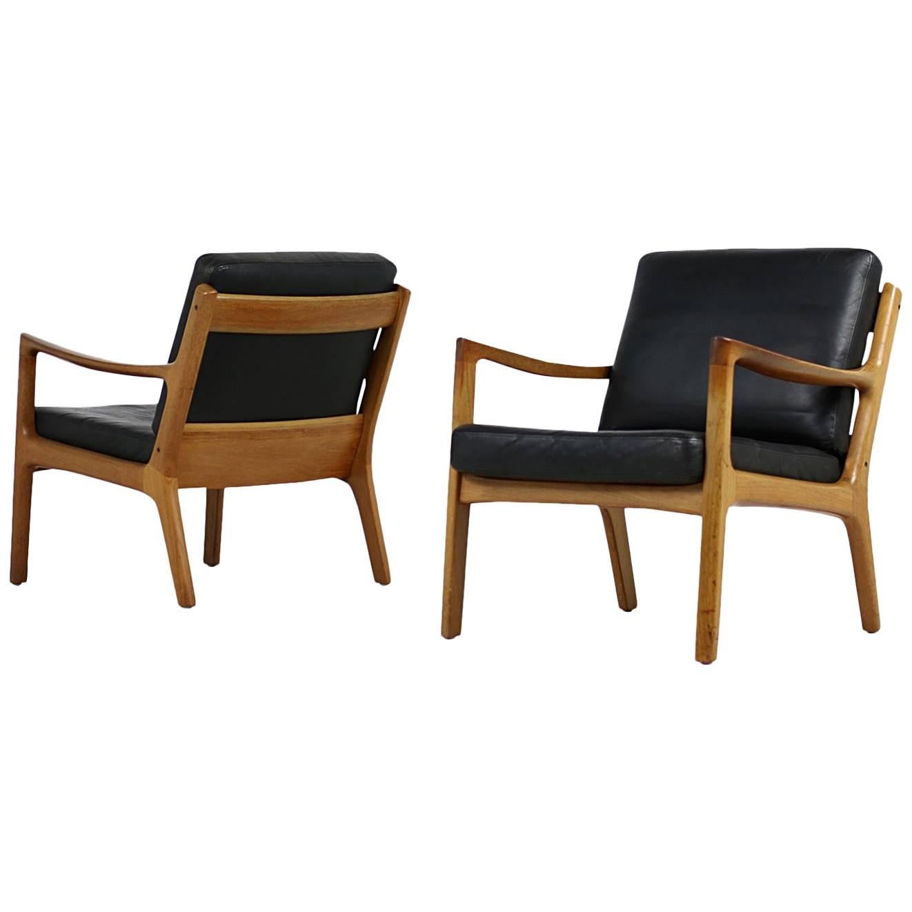 Pair of 1960s, Danish Vintage Lounge Chairs Ole Wanscher Teak and Black Leather