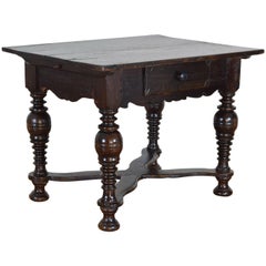 Portuguese Carved and Turned Stained Pinewood 1-Drawer Table, Early 18th Century