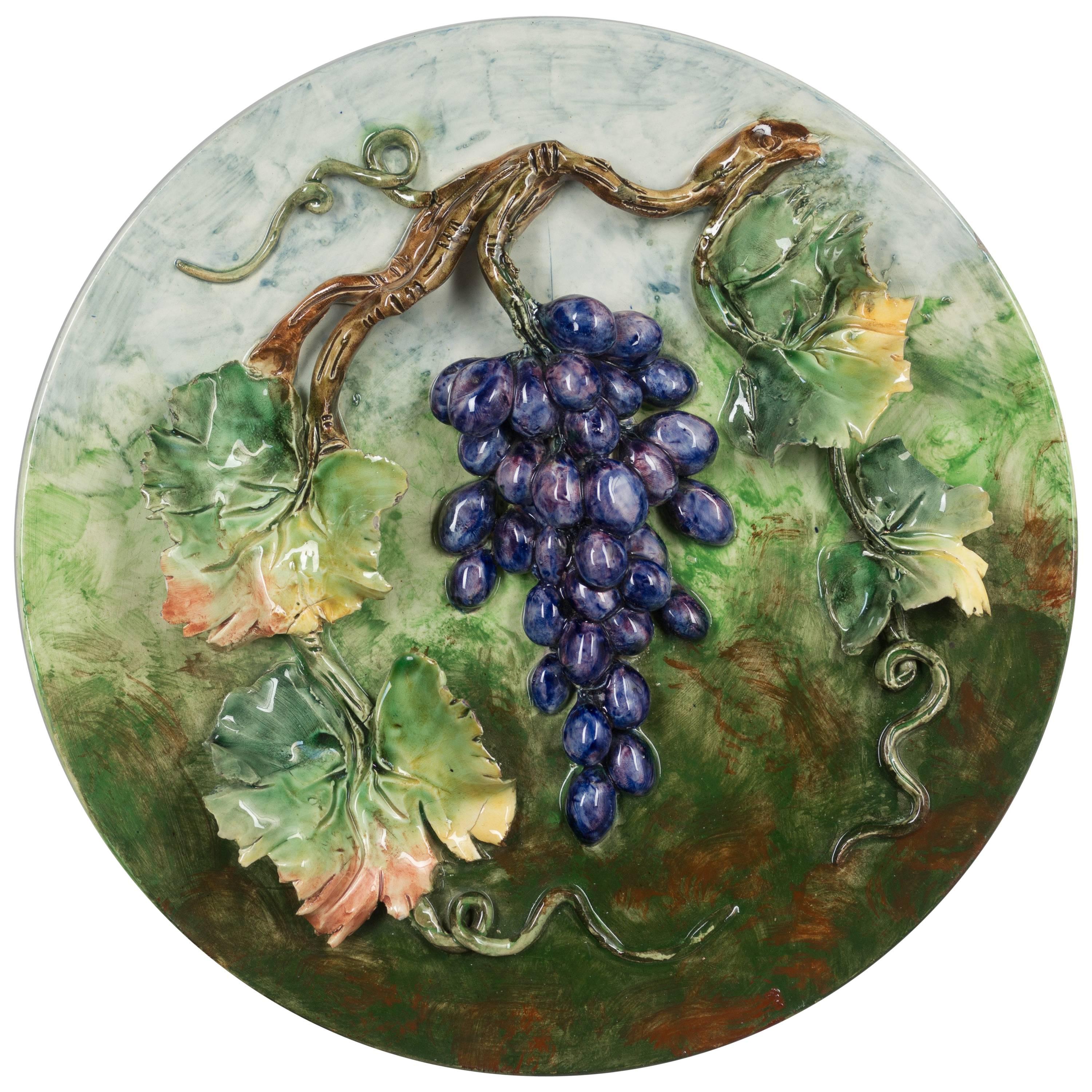 19th Century French Barbotine Wall Platter with Grapes