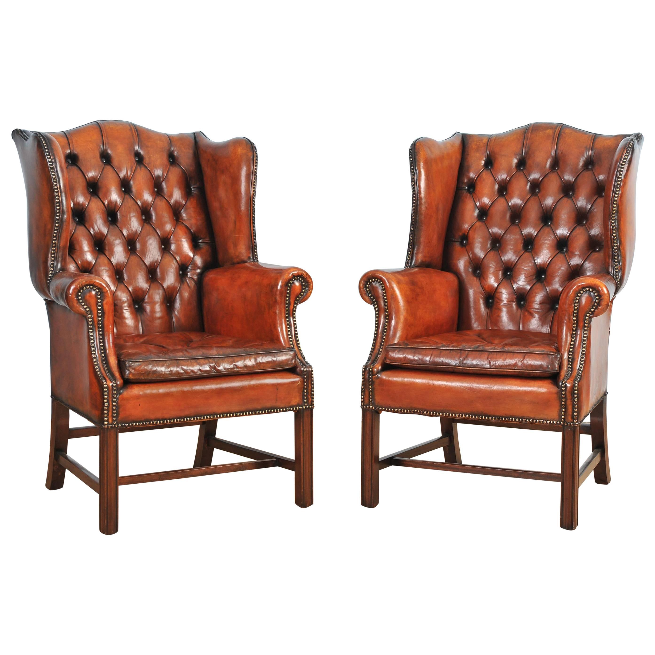 Pair of Mid-20th Century Button Back Leather Wing Chairs