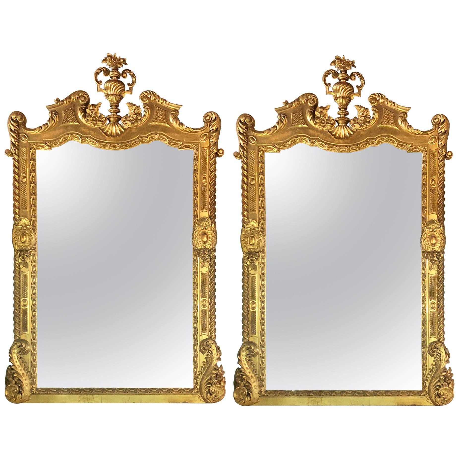 Monumental Pair of Finely Carved Italian Console Mirrors with Finials