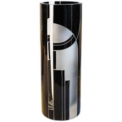 Large Art Deco Geometric Enamel Glass Vase