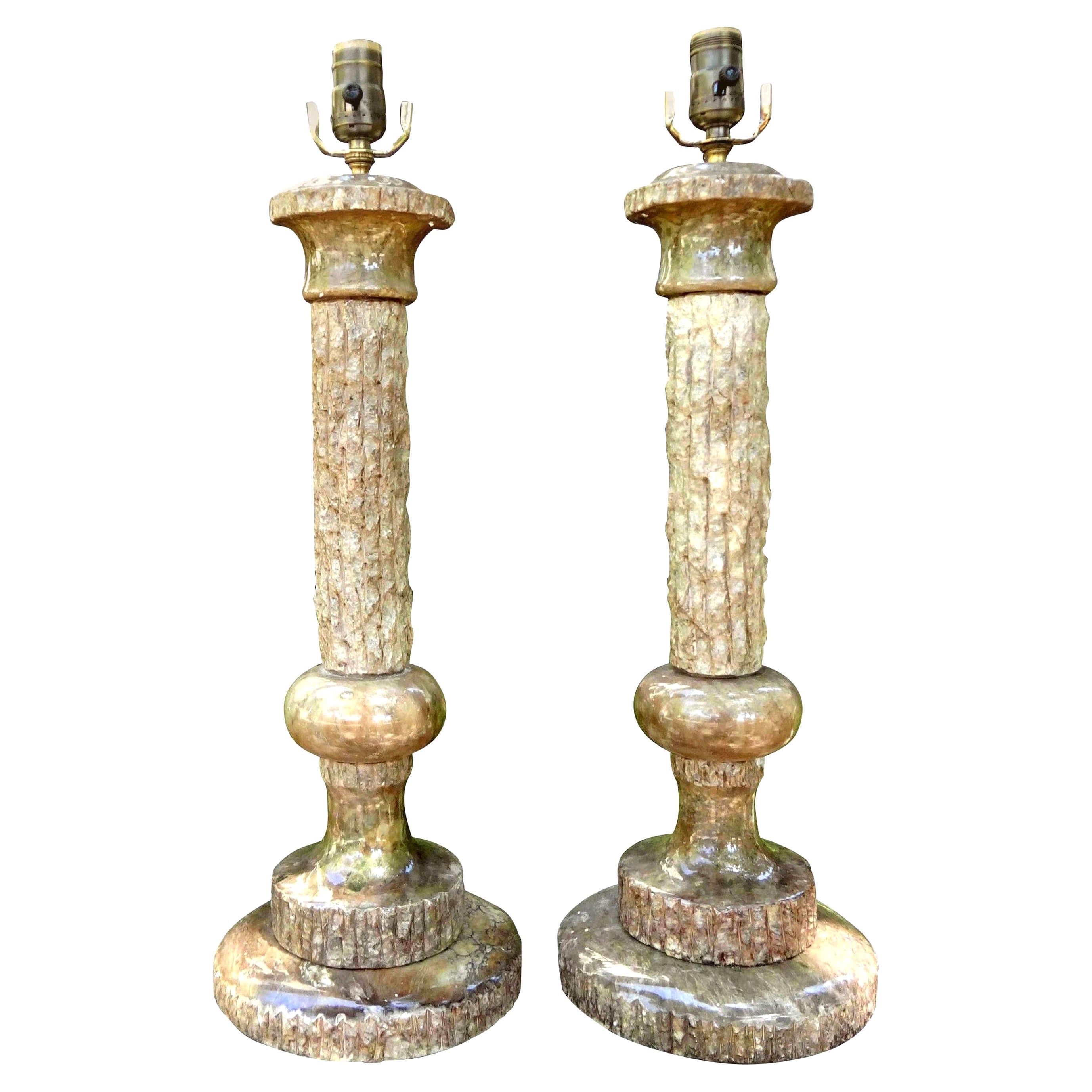 Paire de lampes italiennes du milieu du siècle en faux bois de marbre, attribuées à Marbro