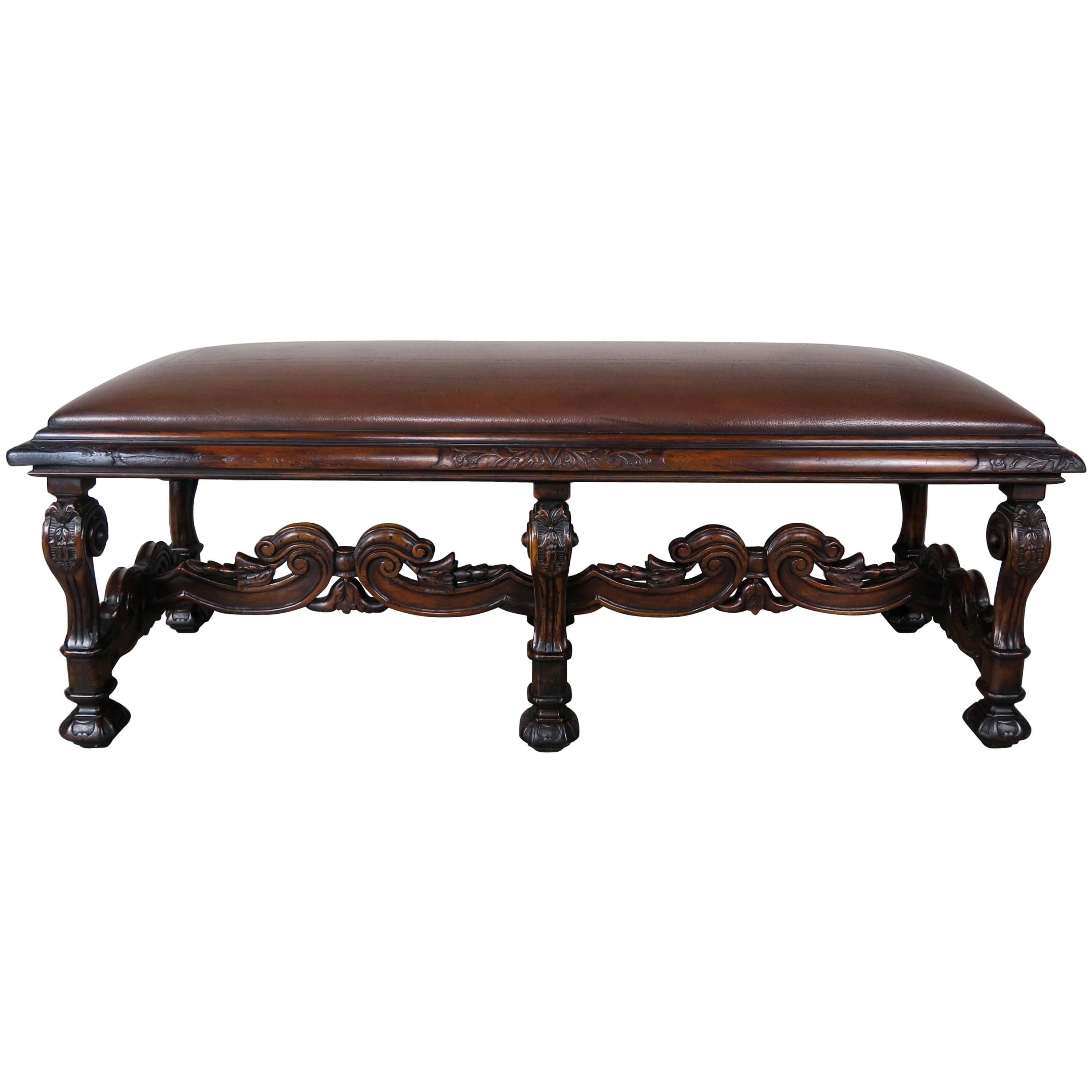 English Walnut Leather Six-Legged Bench