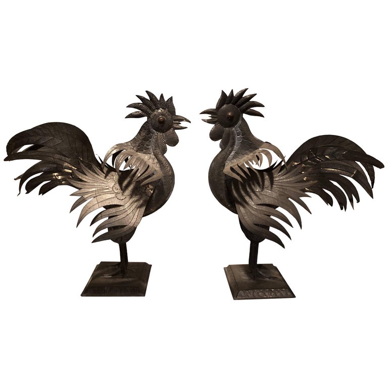 Pair of Antique Mexican Folk Art Tin Roosters at 1stDibs