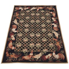 Black Needlepoint Rug with Rooster Design