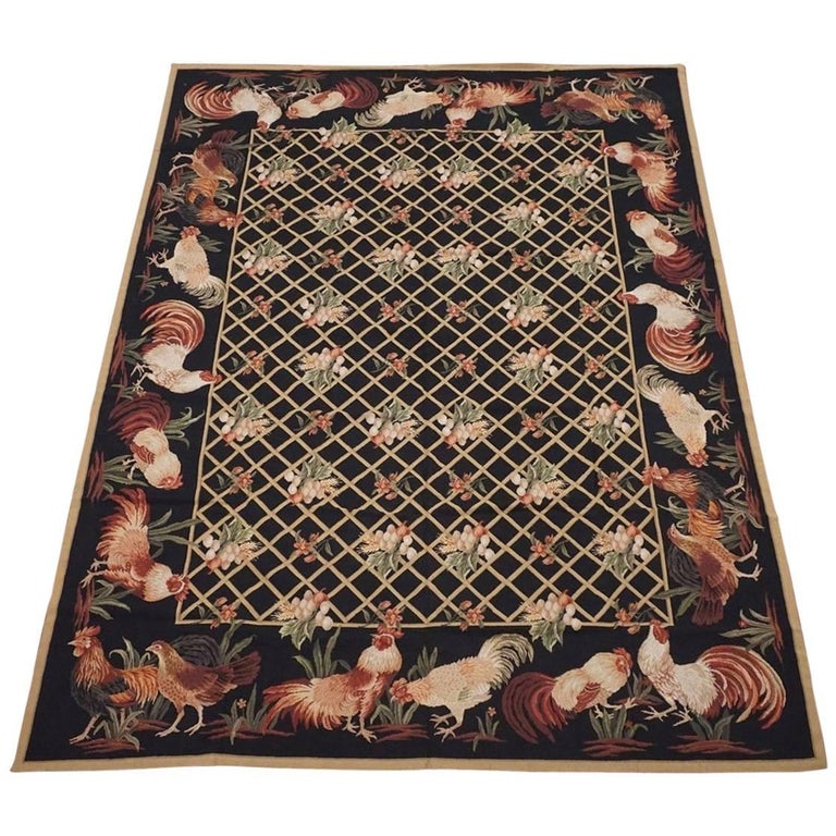 Black Needlepoint Rug with Rooster Design at 1stDibs