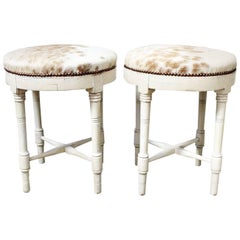 Late 19th Century Pair of French White Painted Stools Upholstered in Cowhide