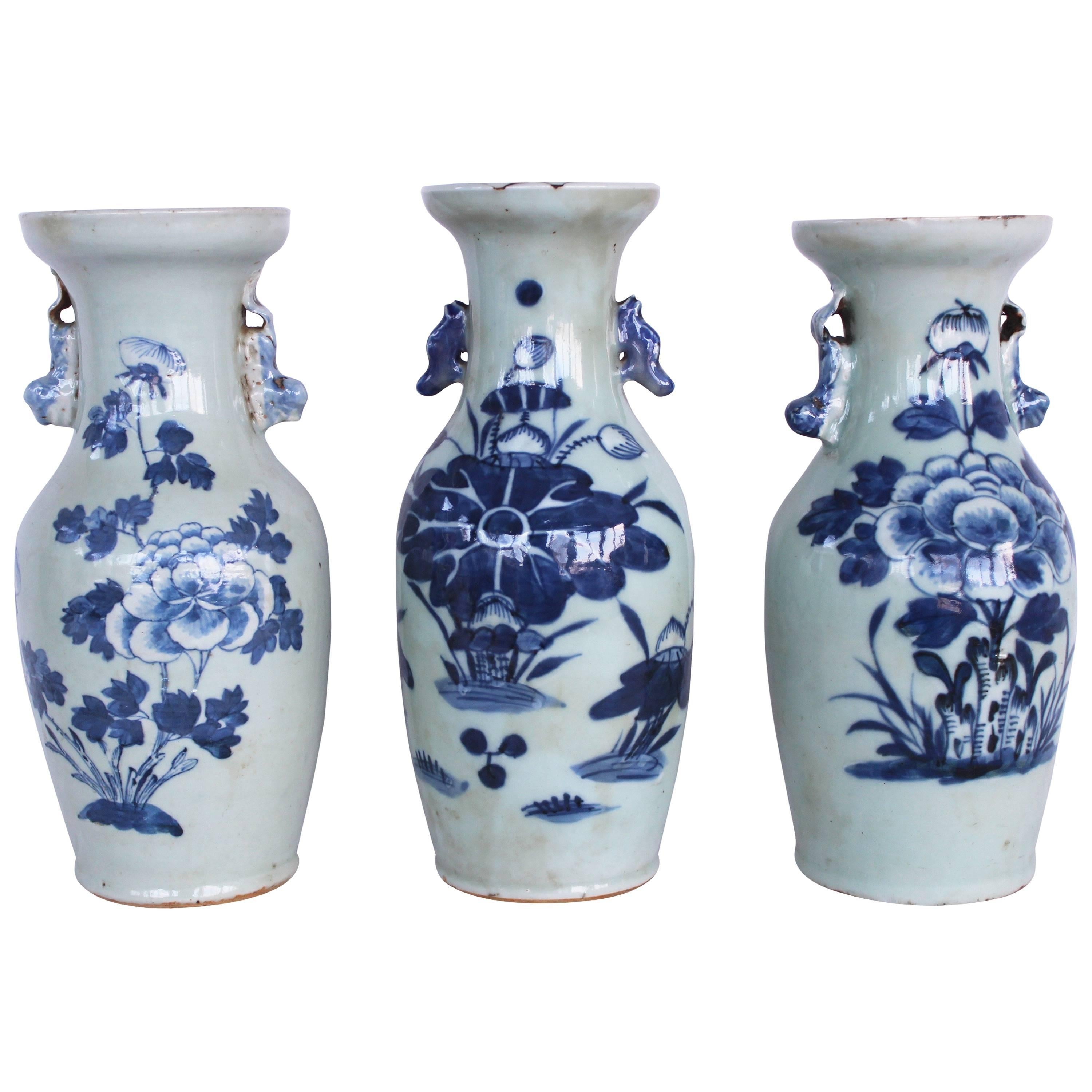 Set of Three Chinese Blue and Celadon Vases