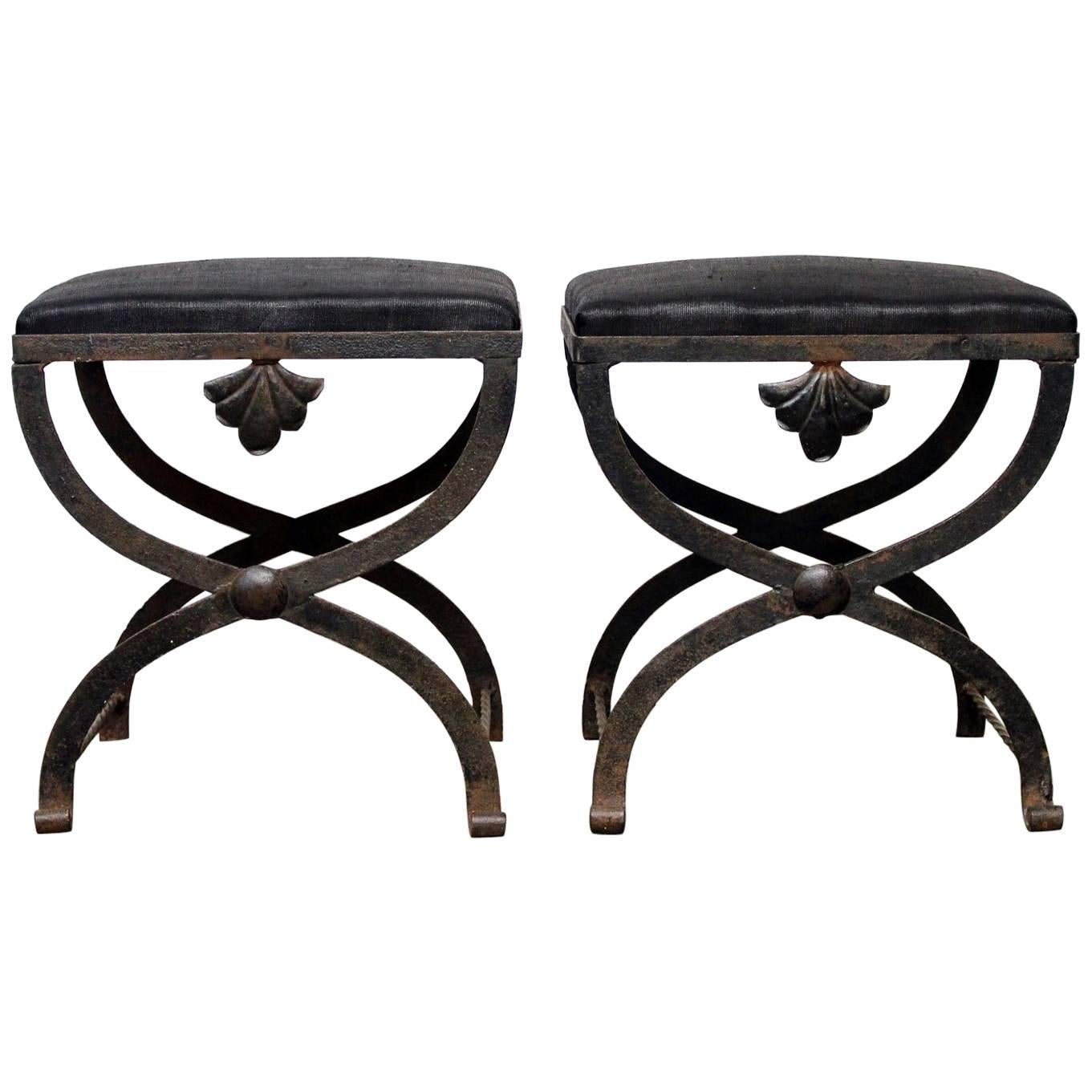 Early 20th Century Pair of Upholstered French X Stretcher Stools with Shell