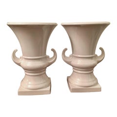 Pair of Italian White Ceramic Urns Vases With Handle Detail