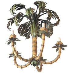 Vintage Palm Tree Frond Leaf Leaves Chandelier Metal Tole Palm Beach