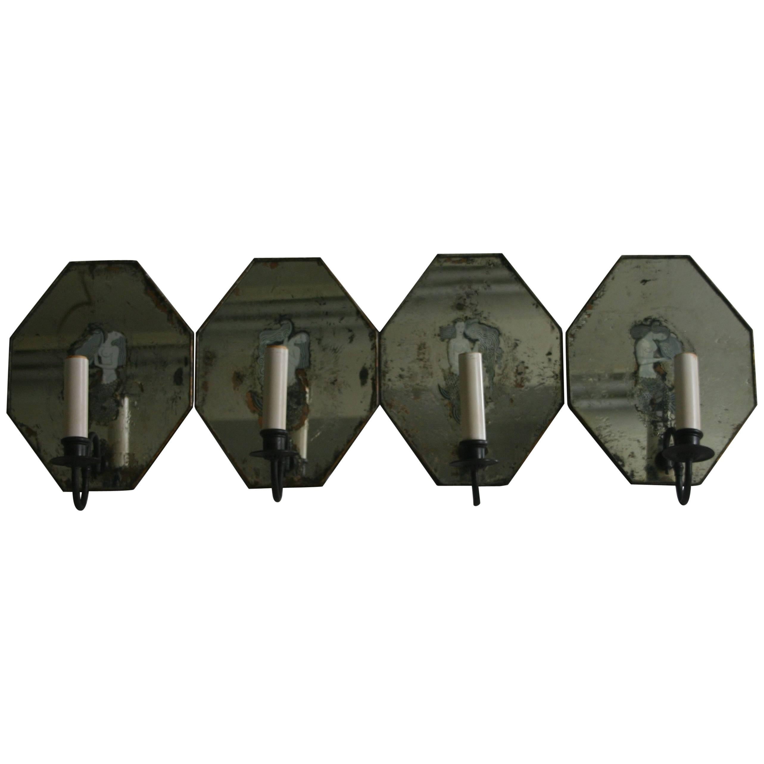 Set of Four Art Deco Mirrored Sconces For Sale