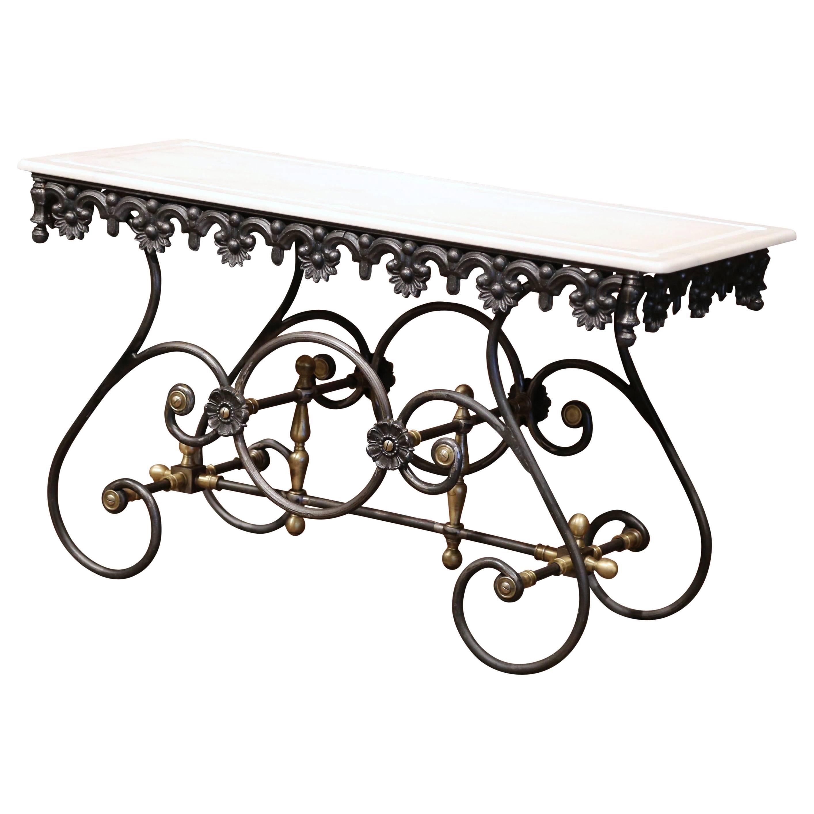 Polished Iron Butcher Pastry Table with Marble Top and Brass Finials from France