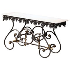 Polished Iron Butcher Pastry Table with Marble Top and Brass Finials from France