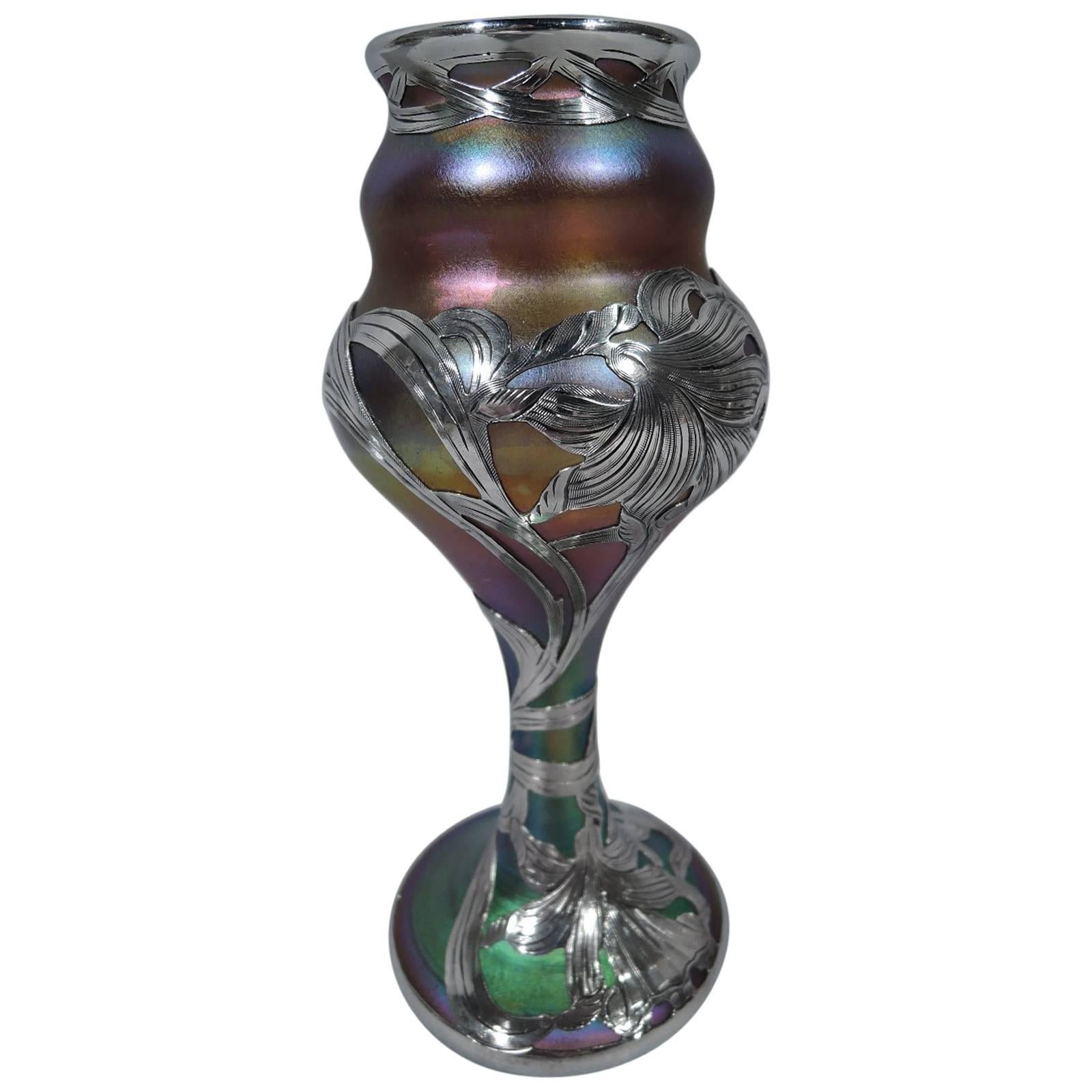 Fine Quality Quezal Art Glass Vase with Silver Overlay