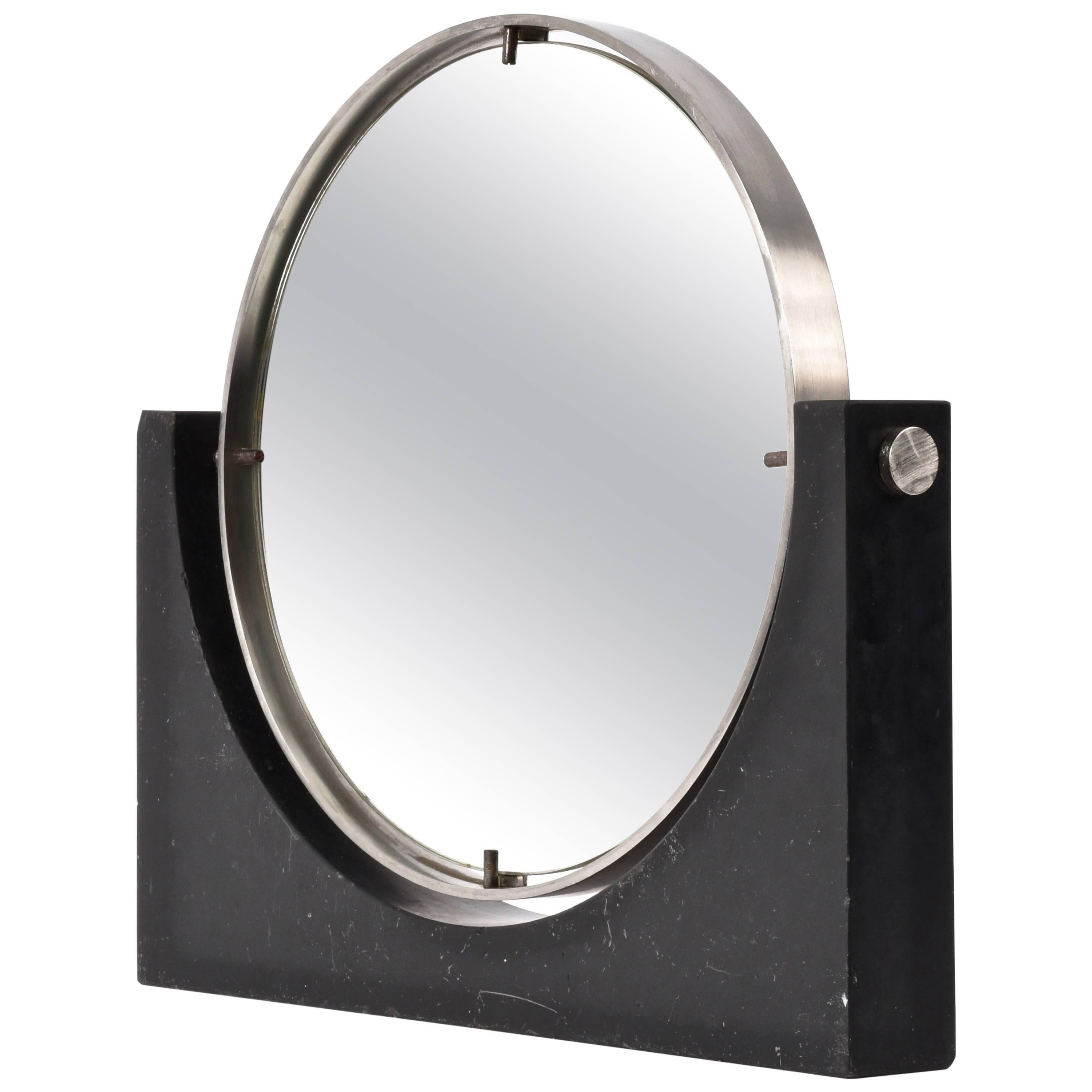 Italian Marble and Steel Vanity Table Mirror Round, Italy 1960s By Mangiarotti