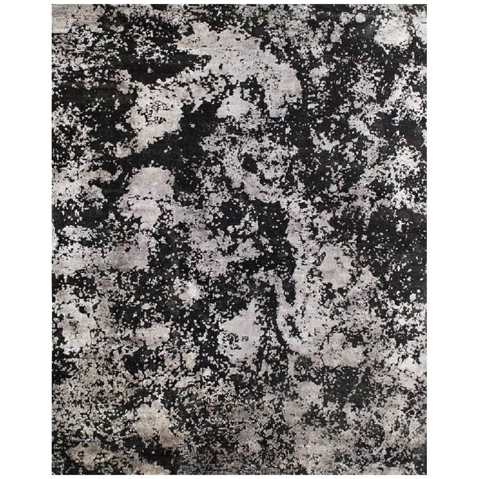 Abstrakter handgeknüpfter Teppich aus Wolle und Seide, schwarz-silber, organisch, 9'x12' 