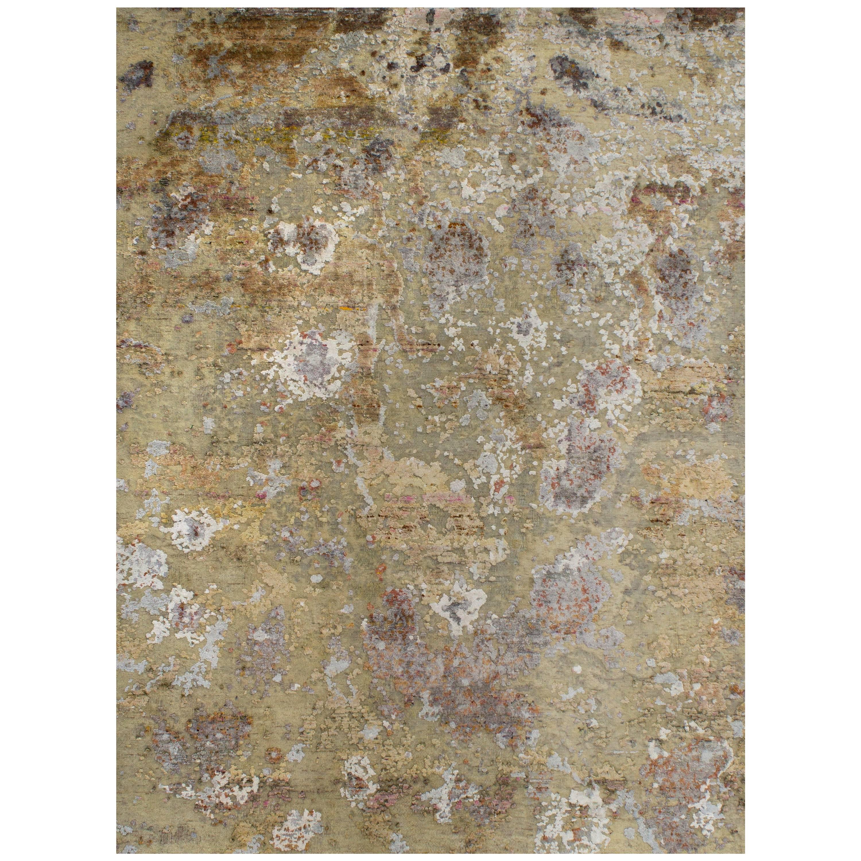 Gold Copper Rust Peach Beige Grey Hi-Low Hand-knotted Wool and Silk Rug in Stock For Sale