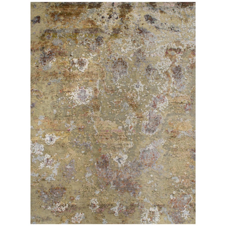 Gold Copper Rust Peach Beige Grey Hi-Low Hand-knotted Wool and Silk Rug ...